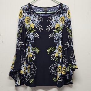 Coco Bianco Navy Floral Bell Sleeve Tunic Top Size XL Yellow Blue Boho Peasant